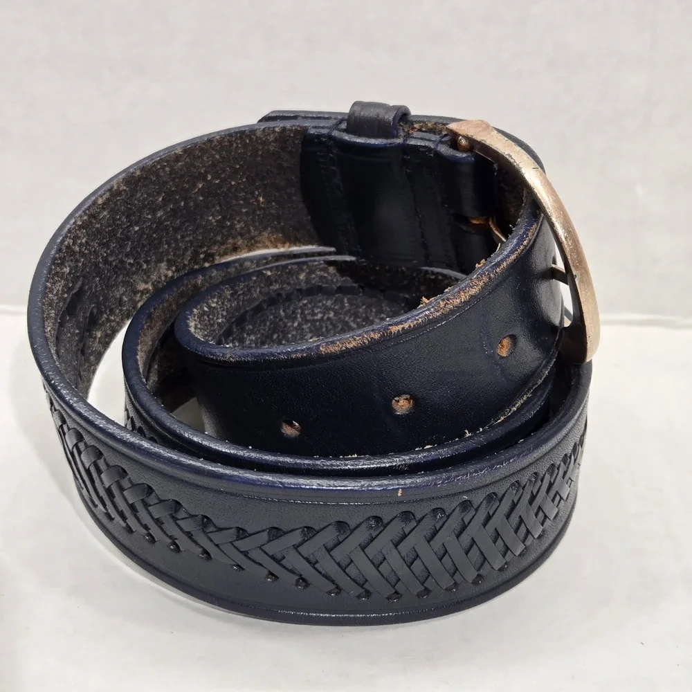 Azia Leather Woven Basketweave Belt Mens 36 Navy Blue Full Grain Silver Buckle